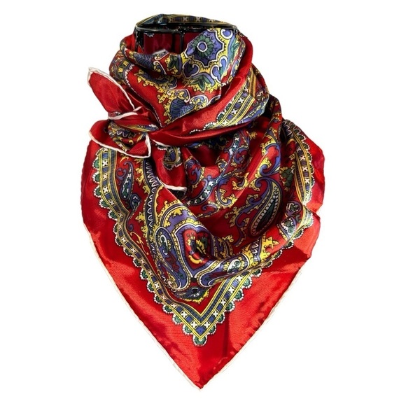 Vintage Red Paisley Rolled Edge Square Scarf - Picture 1 of 10